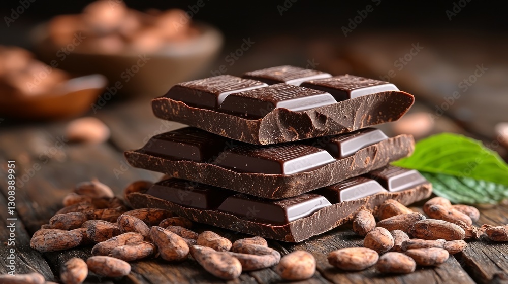 Dark chocolate bars stacked on rustic wooden table with cocoa beans Dark chocolate bars stacked on rustic wooden table with cocoa beans