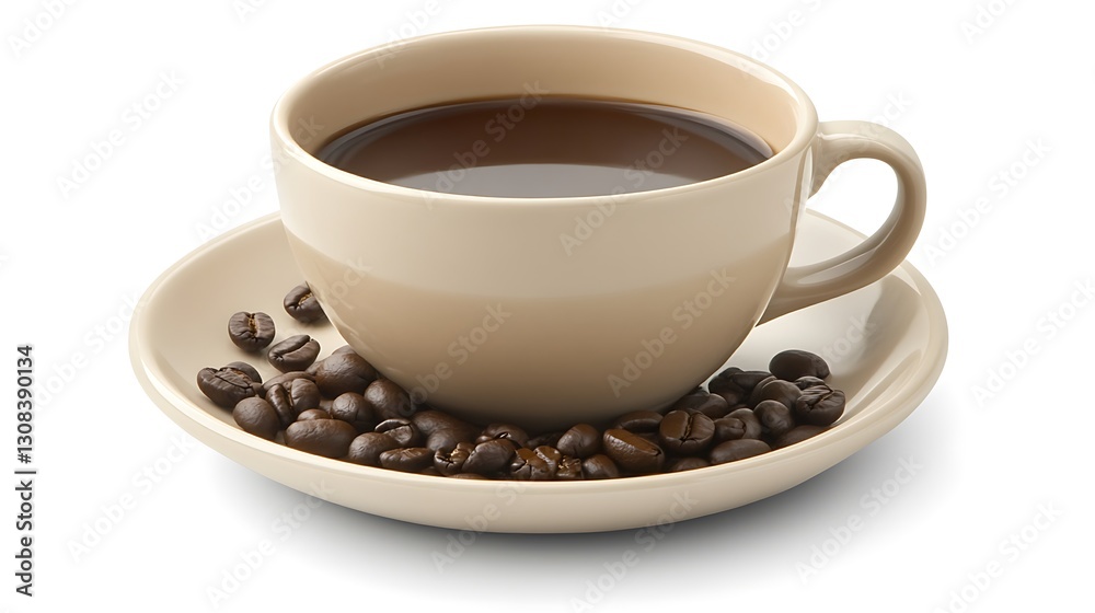 Beige coffee cup with saucer and beans. Beige coffee cup with saucer and beans.