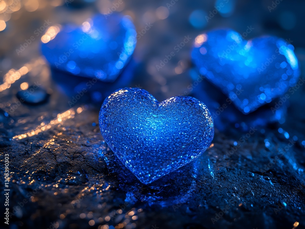 Fototapeta premium Vivid glowing blue hearts on a dark canvas, each heart softly glowing with vibrant blue neon light, creating a magical and serene atmosphere