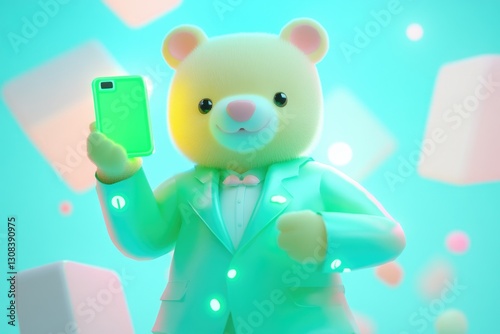 A cute teddy bear in a mint green tuxedo holds up a bright green smartphone.