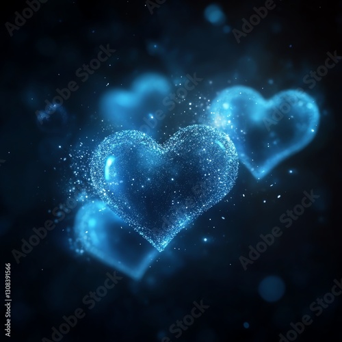 Abstract glowing blue heart shapes softly illuminated with radiant light, floating across a dark, starry backdrop, highdefinition glowing effect