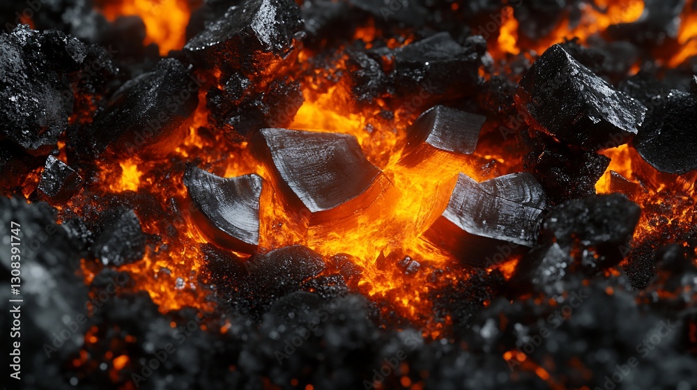 Glowing Embers in Volcanic Rock Close-Up Glowing Embers in Volcanic Rock Close-Up