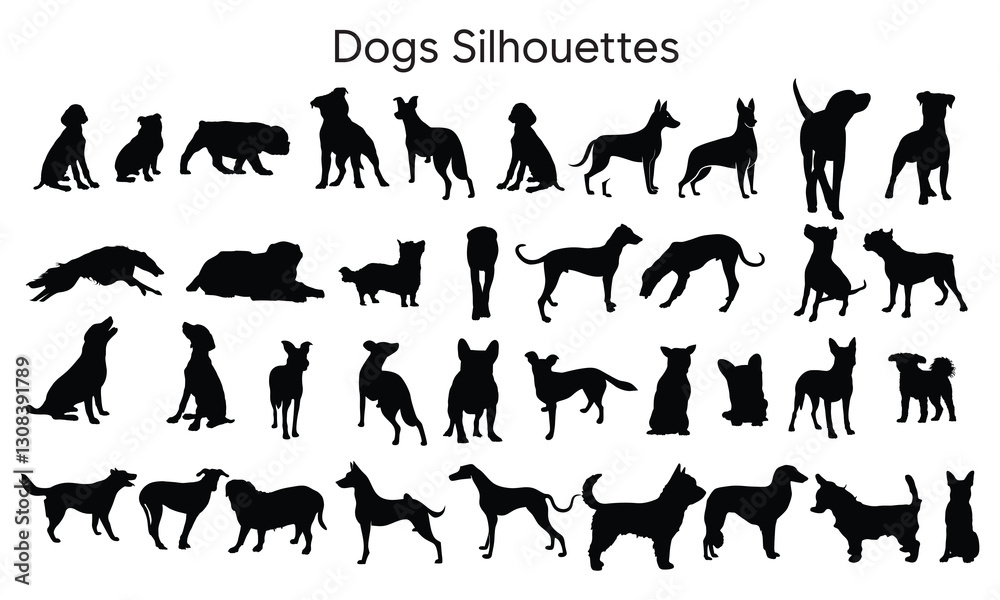 Vector on a white background black silhouette of a standing dog set Vector on a white background black silhouette of a standing dog set