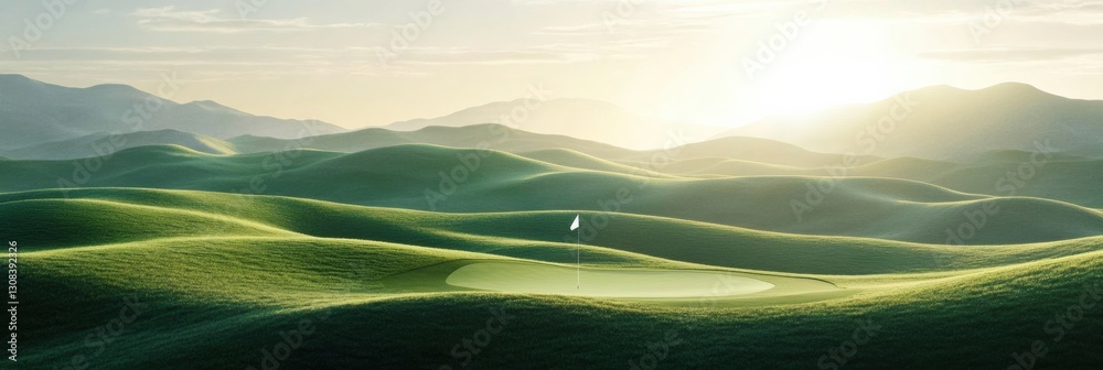 Serene golf course with gentle rolling hills and a flag marking the hole during golden hour Generative AI Serene golf course with gentle rolling hills and a flag marking the hole during golden hour Generative AI