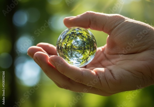 Hand Holding a Globe with Nature Reflections