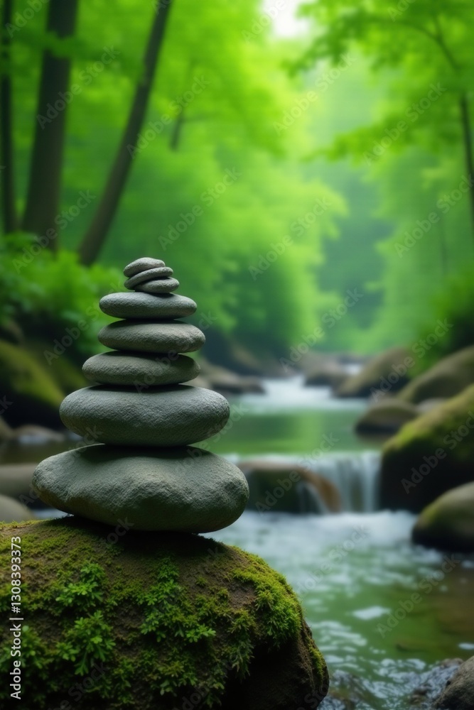 Gray river stones stacked on mossy log, lush green forest background, smooth, tranquil, stillness Gray river stones stacked on mossy log, lush green forest background, smooth, tranquil, stillness