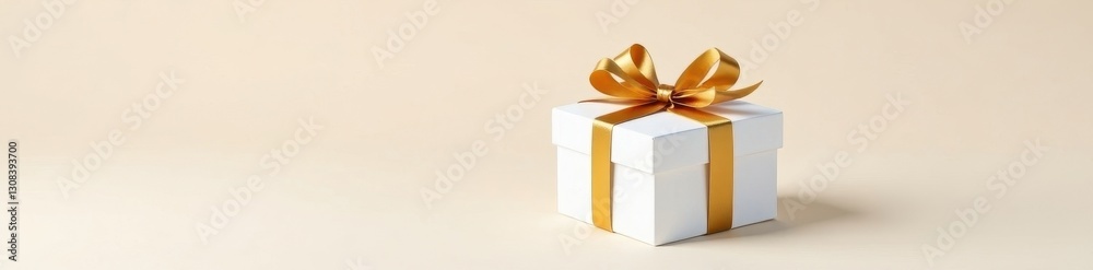 Fototapeta premium Elegant white gift box with golden ribbon bow, isolated , celebration, isolated
