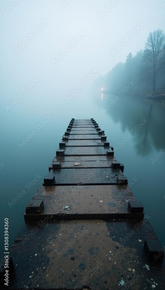 Obraz premium Misty river, aged wooden pier, stone base, long exposure, serene, dark