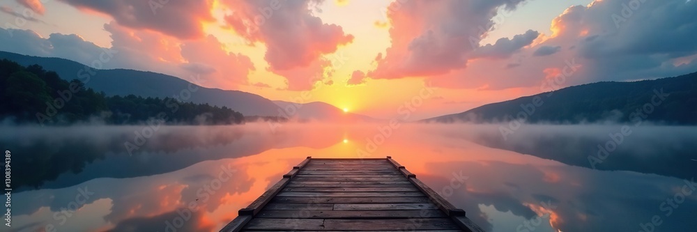Obraz premium Misty sunrise over lake, clouds mirrored, tranquil dock scene , serene, quiet, nature