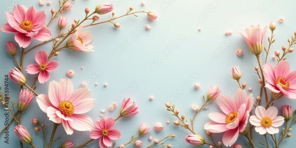 Fototapeta premium Delicate Pink Blossoms Arranged in a Romantic Floral Frame on a Pastel Blue Background