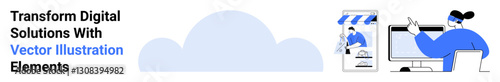 Cloud backdrop links online store and designer editing on monitor with stylus. Ideal for e-commerce, creativity, teamwork, design, innovation, tech solutions, flat landing page banner