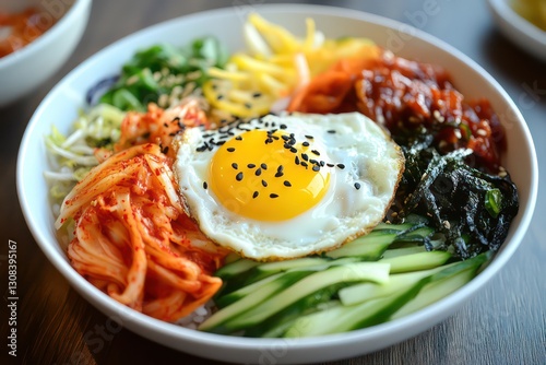 A beautifully plated bibimbap dish, with colorful vegetables, rice, and a sunny-side-up egg, served alongside spicy kimchi.