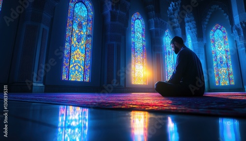 Wallpaper Mural Silhouette of a Man Praying in a Mosque with Stained Glass Windows Torontodigital.ca