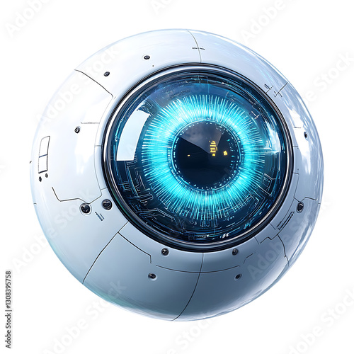 Futuristic spherical robotic eye with glowing blue iris.