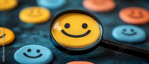 Customer satisfaction survey concept, magnifying glass zooming in on a smiling face among various emoticons, symbolizing feedback collection and service enhancement