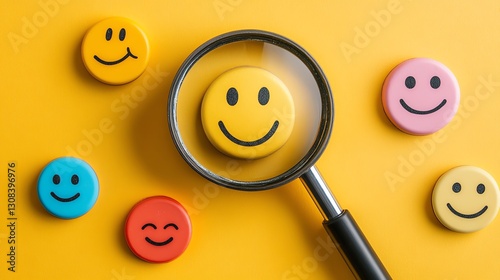 Magnifying glass emphasizing a smiling face surrounded by different emoticons on a yellow background, representing customer feedback and service satisfaction surveys
