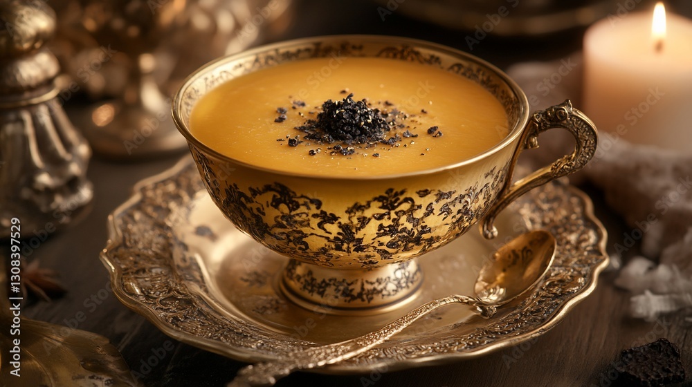 Golden soup in ornate cup, dark background Golden soup in ornate cup, dark background