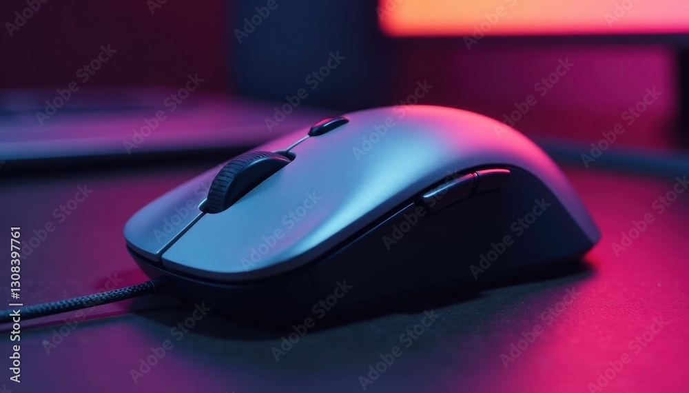 Sleek ergonomic computer mouse, metallic grey , wire, form, desktop Sleek ergonomic computer mouse, metallic grey , wire, form, desktop