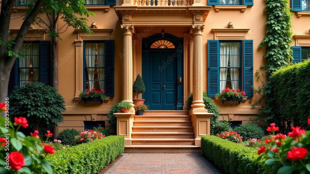 Fototapeta premium A Picturesque Residence with a Teal Door and Lush Landscaping, Showcasing Architectural Details and Vibrant Floral Accents, Alluding to Tranquility and Refined Elegance