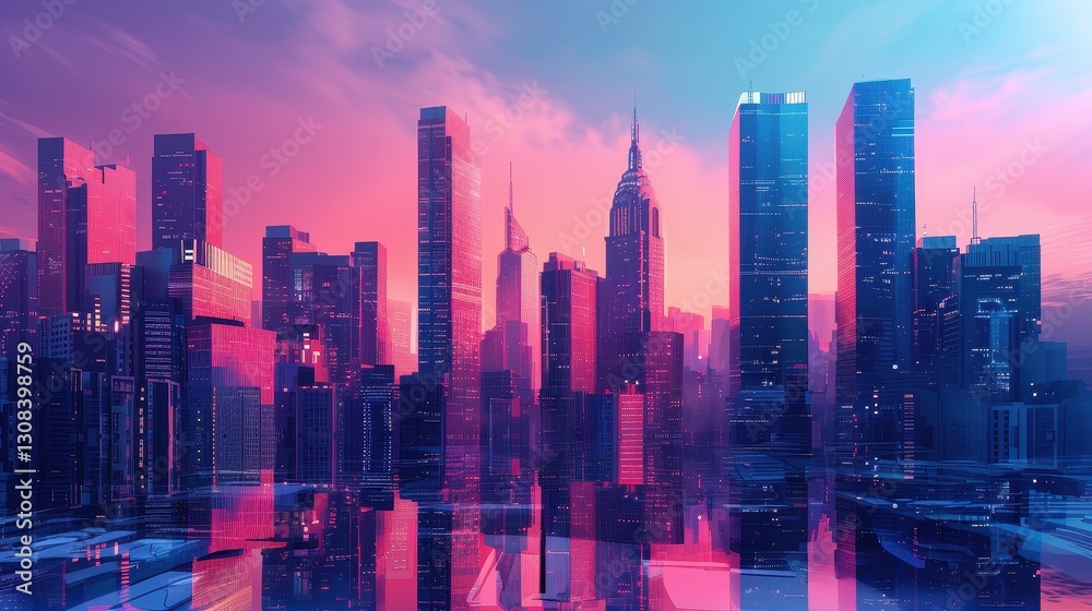 Fototapeta premium Vibrant Futuristic Cityscape at Sunrise