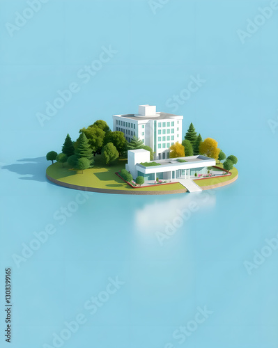 Small hospital on the sea, Isometric hospital building on a green island. 3d rendering.