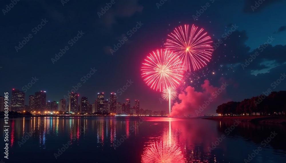 Heart-shaped fireworks burst over illuminated cityscape at night, skyline, festival Heart-shaped fireworks burst over illuminated cityscape at night, skyline, festival