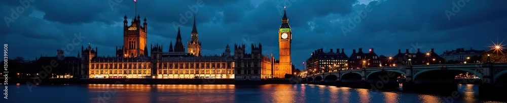 Naklejka premium Illuminated Big Ben & Westminster Palace at night, twilight, power, historic