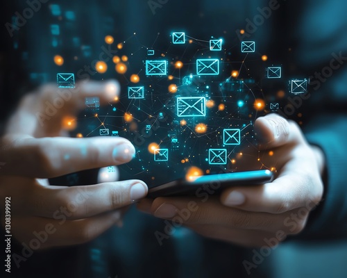 A person looking at email security alerts on their smartphone, showing icons for viruses, scams, spam, and phishing threats in a cybersecurity context
