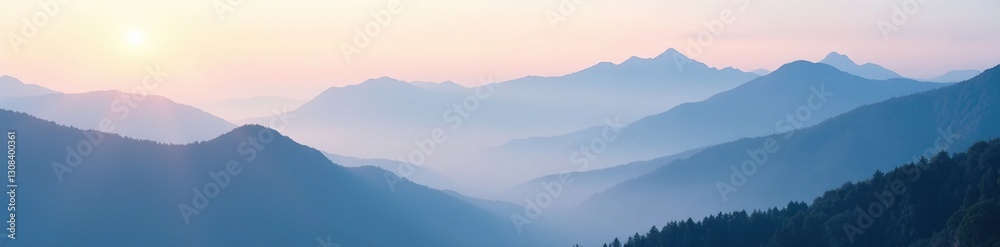 Misty mountain peaks shrouded in fog, ethereal light , blue, mist Misty mountain peaks shrouded in fog, ethereal light , blue, mist