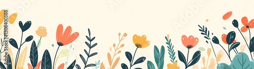 
Flat vector illustration of a spring flower border, simple design, white background, flat colors, vector art style, minimal details, minimalist design, flat color blocks, simple lines, white space on