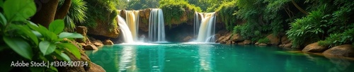 Golden cascade plunges into pristine pool Emerald jungle surrounds , waterfall, tropical