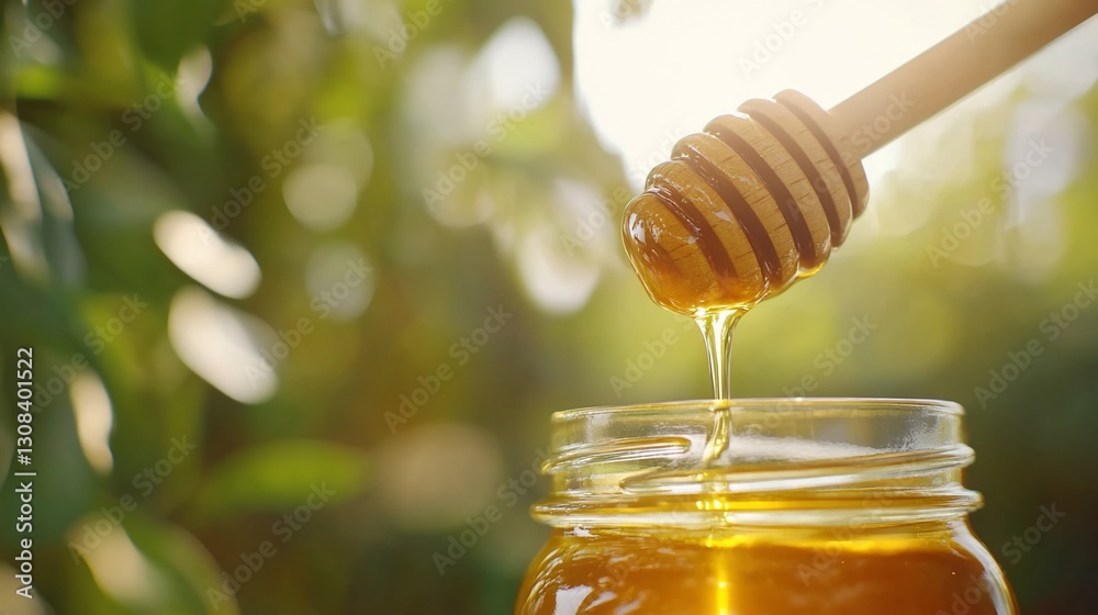 Honey dripping into jar, garden background Honey dripping into jar, garden background