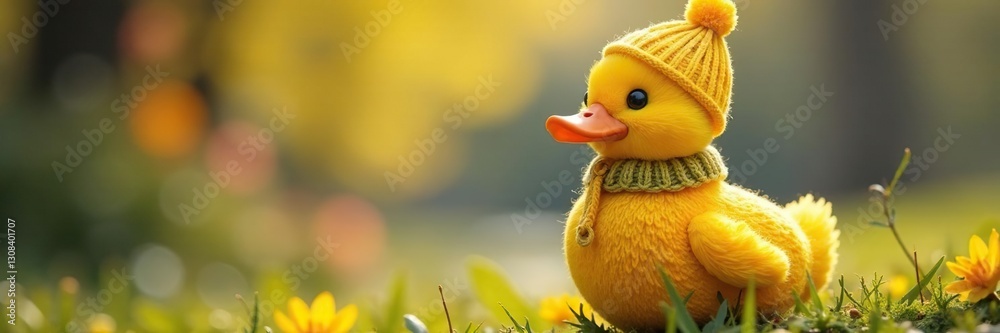 Jaunty knitted duck, sunny yellow, for Easter bollard, high-resolution, Hampshire Jaunty knitted duck, sunny yellow, for Easter bollard, high-resolution, Hampshire
