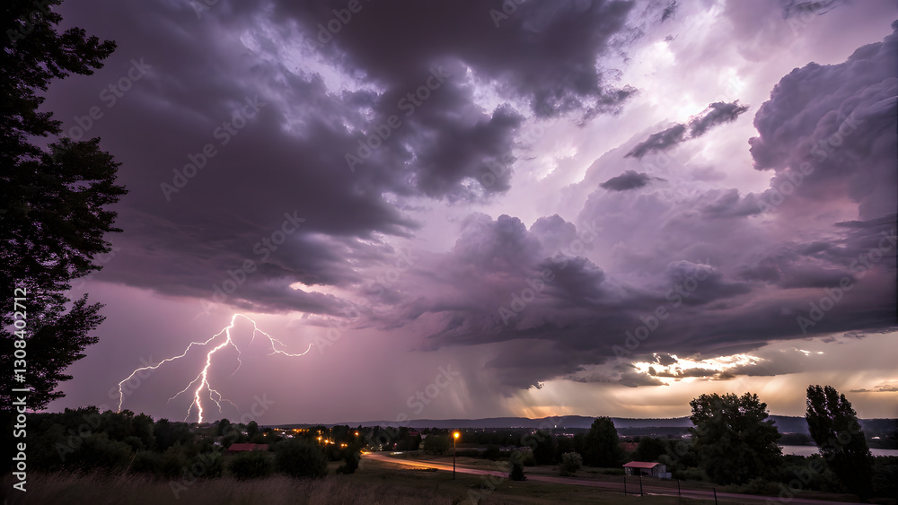 Stormy Sky with Deep Purple Clouds and Lightning Flashes. Perfect for: Storm, Summer Stormy Sky with Deep Purple Clouds and Lightning Flashes. Perfect for: Storm, Summer
