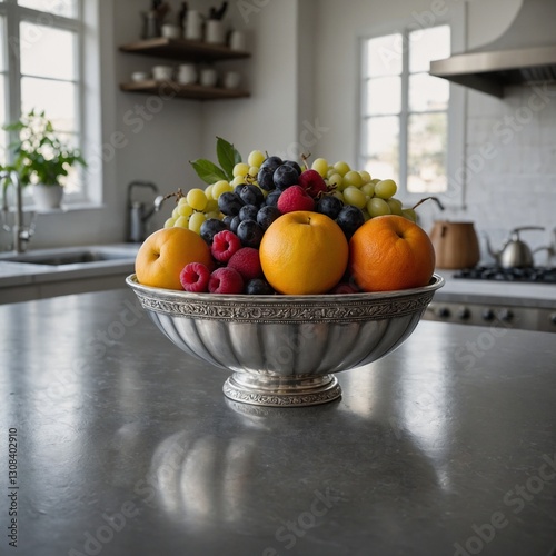 A beautiful silver-plated serving bowl filled with fresh fruits, placed on a kitchen island.