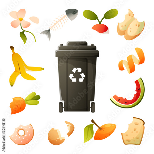 Natural organic waste around a garbage can. Container for sorting garbage. Rotting food. Expired food. Watermelon rind, moldy bread, eggshells. Sorting garbage, ecological habit, ecological problem.