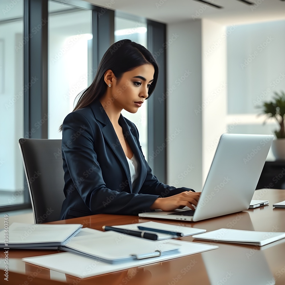 Mujer hispana trabajando con laptop y papeles en la oficina. Ella lleva un traje. Mujer hispana trabajando con laptop y papeles en la oficina. Ella lleva un traje.