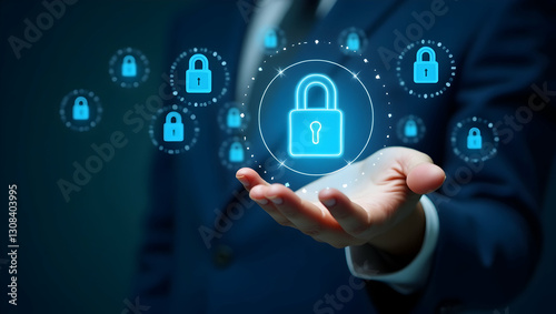 Visualizing Cybersecurity: A Hand Interacting with Floating Lock Icons for Data Security in a Digital Protection Scenario - Stock Photo Concept with Empty Space for Customization