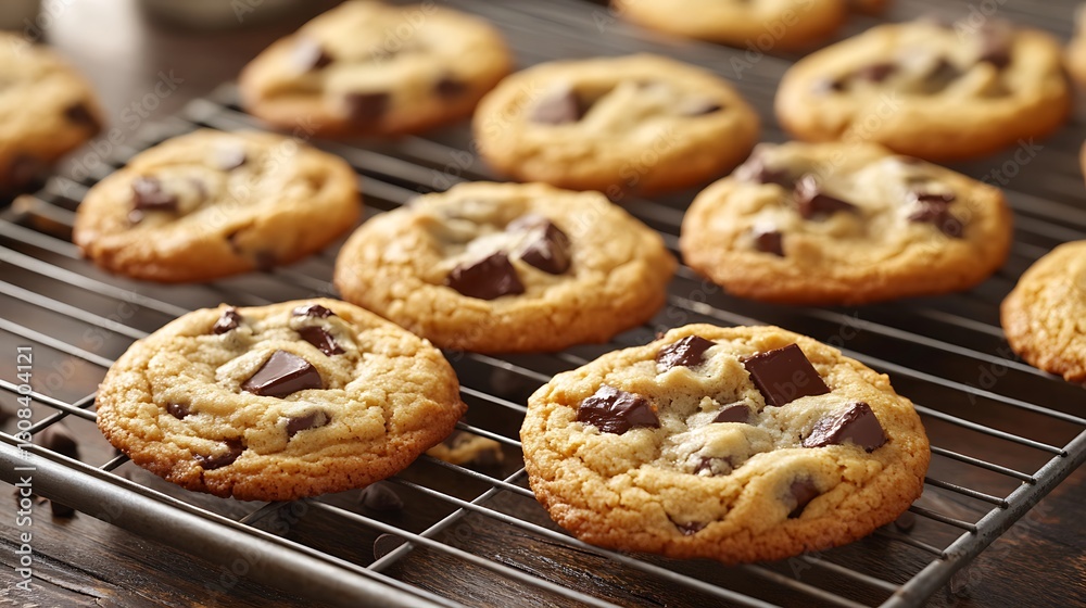 Baking Fresh Chocolate Chip Cookies on Cooling Rack Delicious Treat Baking Fresh Chocolate Chip Cookies on Cooling Rack Delicious Treat