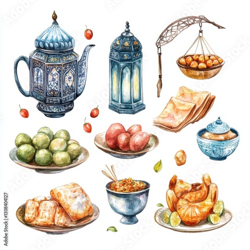 Watercolor Illustration of Middle Eastern Food with Teapot and Lantern