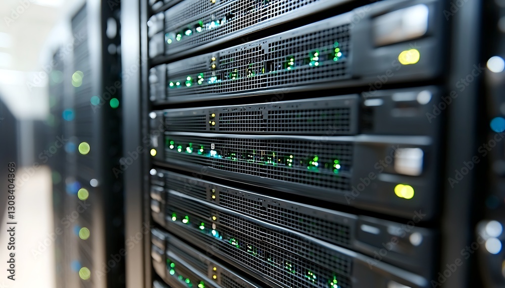 Servers working inside data center hallway Servers working inside data center hallway