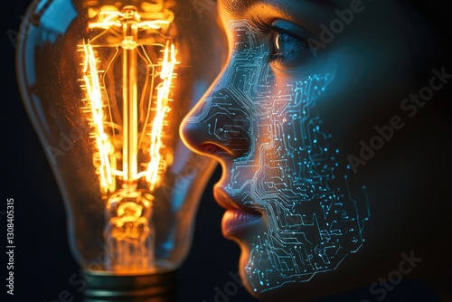 A glowing light bulb juxtaposed with a face imprinted with circuit board design, symbolizing the fusion of technology and human intellect.