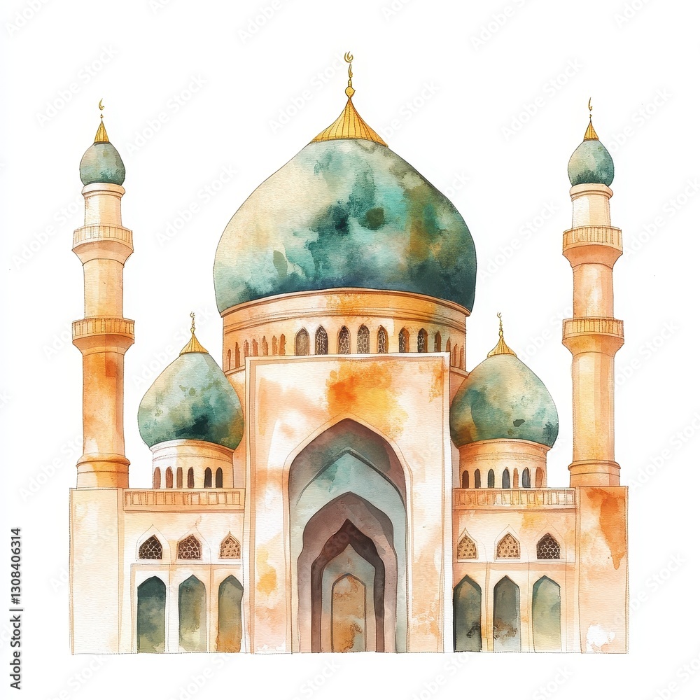 Obraz premium Watercolor Painting Of A Grand Mosque With Teal Domes And Minarets