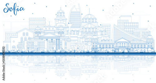 Outline Sofia Bulgaria City Skyline with Blue Buildings and reflections. Illustration. Sofia Cityscape with Landmarks. Business Travel and Tourism Concept with Historic Architecture.
