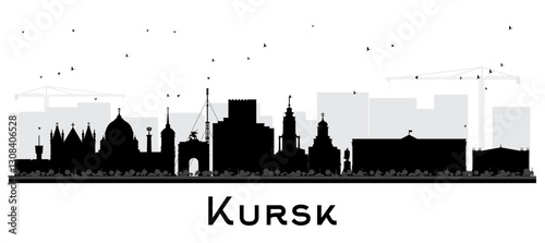Kursk Russia city skyline silhouette with black buildings isolated on white. Kursk cityscape with landmarks. Business travel and tourism concept with modern and historic architecture.
