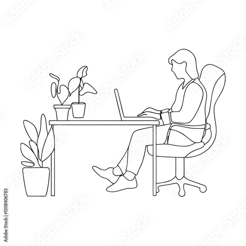 Person working on laptop at desk, minimalist line art