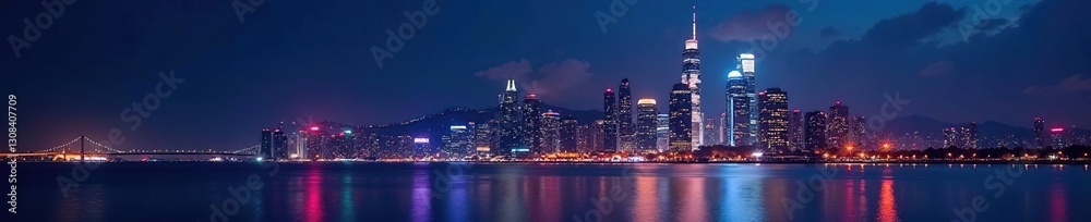 Gleaming skyscrapers reflect on dark water, city lights ablaze , downtown, evening, urban landscape Gleaming skyscrapers reflect on dark water, city lights ablaze , downtown, evening, urban landscape
