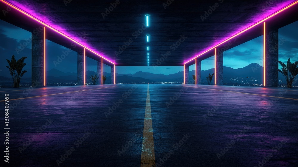 Neon-lit road leading to scenic mountain view at night. Neon-lit road leading to scenic mountain view at night.
