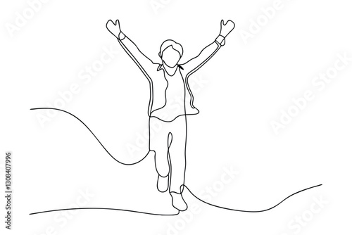 Triumphant Person, One Line Drawing, Joyful Celebration, Hilltop Success, Achievement, Happiness