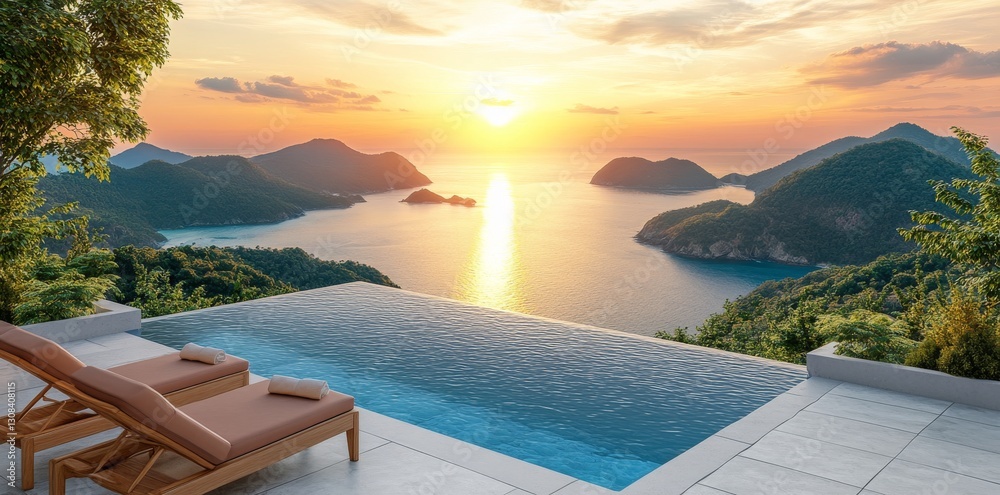 Fototapeta premium A contemporary white villa with a pool and garden, overlooking the sea and surrounded by numerous tropical plants at sunset